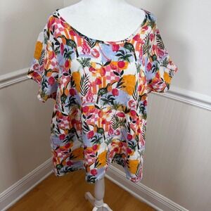 C&C California Womens 1X Linen Tropical Lobster Toucan Print Scoop Neck Top‎